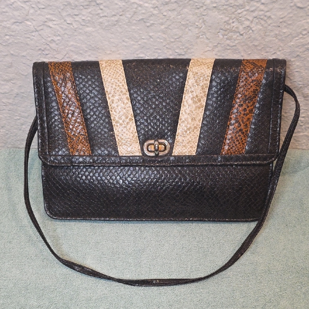 Source Unknown Black and Brown Clutch with Cream Accents